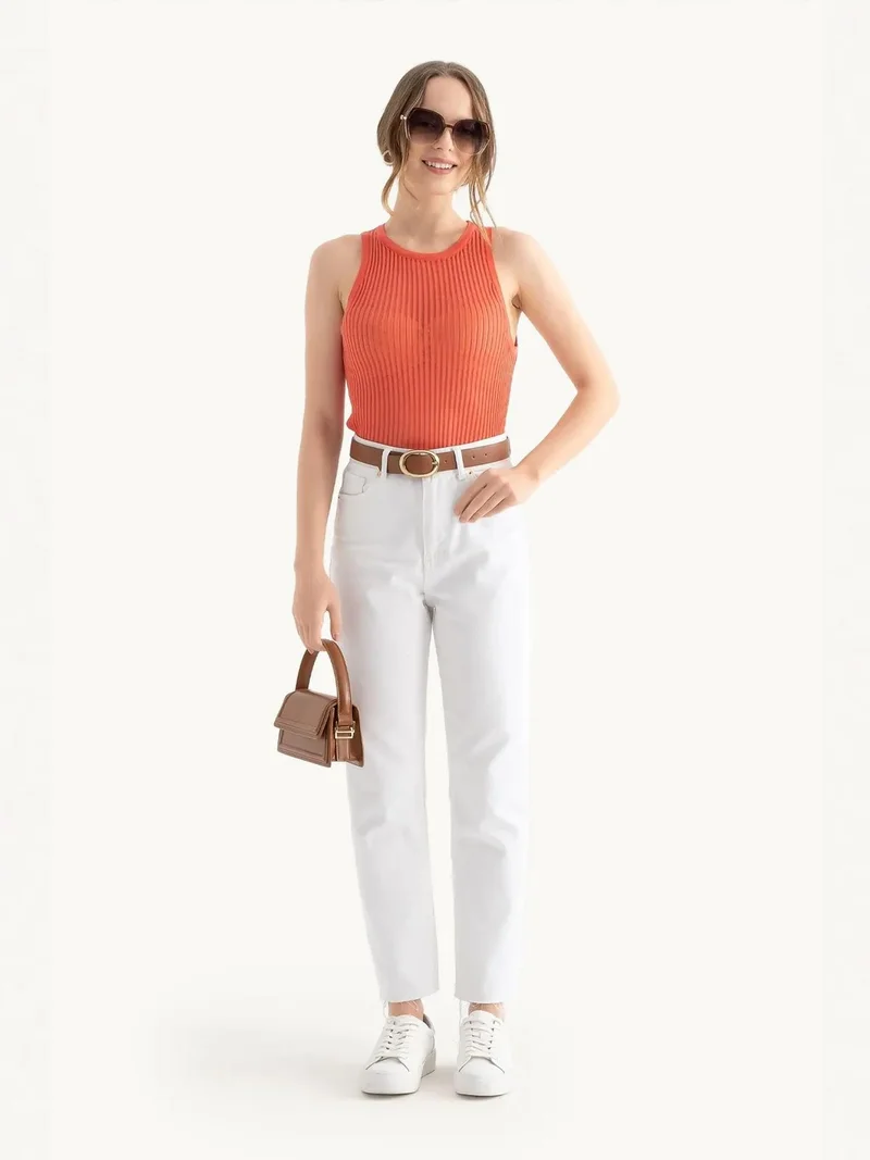 HICCUP Round Neck Ribbed Mesh Tank Top