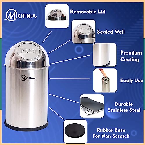 mofna Stainless Steel Push can Dustbin Trash can Paper Bin Round Shape Silver use for Home, Office, Kitchen, Bathroom Set Of 1 (Pushcan 8X28 Inch,22 Liter) - Image 3