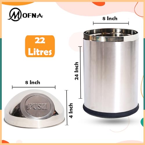mofna Stainless Steel Push can Dustbin Trash can Paper Bin Round Shape Silver use for Home, Office, Kitchen, Bathroom Set Of 1 (Pushcan 8X28 Inch,22 Liter) - Image 2