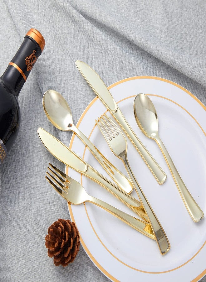 N9R 300PCS Gold Plastic Silverware, Heavy Duty Gold Plastic Cutlery Set Disposable Flatware Dinnerware, 100 Forks, 100 Spoons, 100 Knives, Perfect for Party, Wedding and Daily Use - Image 4