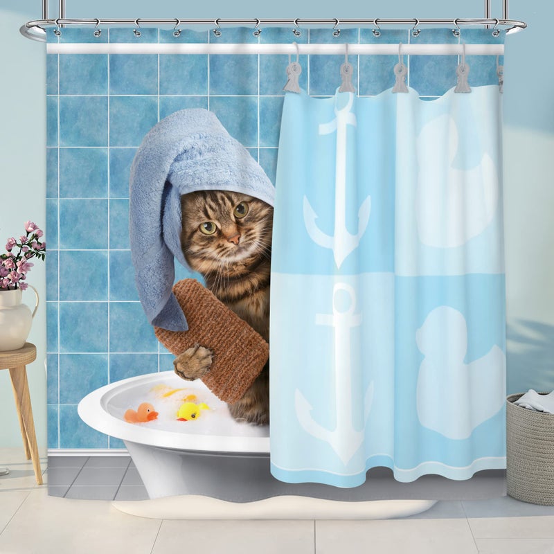 Riyidecor Funny Cat Shower Curtain 72Wx72H Kids Cute Cartoon Blue Cute Bathing Animal Kitten Yellow Rubber Duck Head 12 Pack Plastic Fabric Hooks Wrapped Bath Towel Blue Decor Fabric Polyester - Image 1