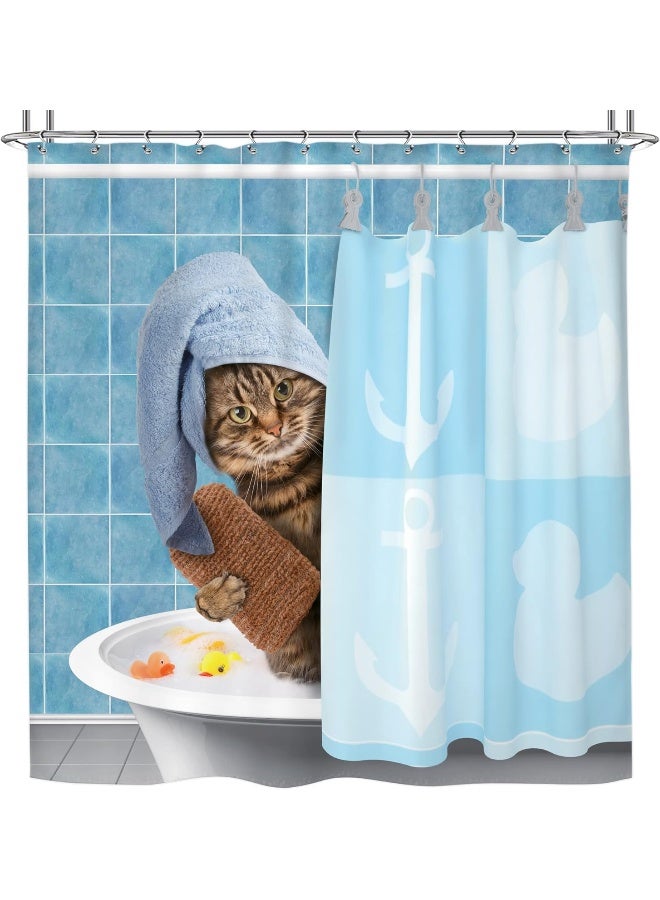 Riyidecor Funny Cat Shower Curtain 72Wx72H Kids Cute Cartoon Blue Cute Bathing Animal Kitten Yellow Rubber Duck Head 12 Pack Plastic Fabric Hooks Wrapped Bath Towel Blue Decor Fabric Polyester - Image 4