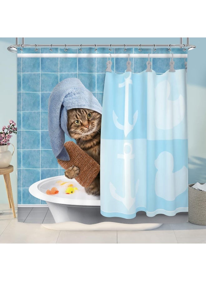 Riyidecor Funny Cat Shower Curtain 72Wx72H Kids Cute Cartoon Blue Cute Bathing Animal Kitten Yellow Rubber Duck Head 12 Pack Plastic Fabric Hooks Wrapped Bath Towel Blue Decor Fabric Polyester - Image 5