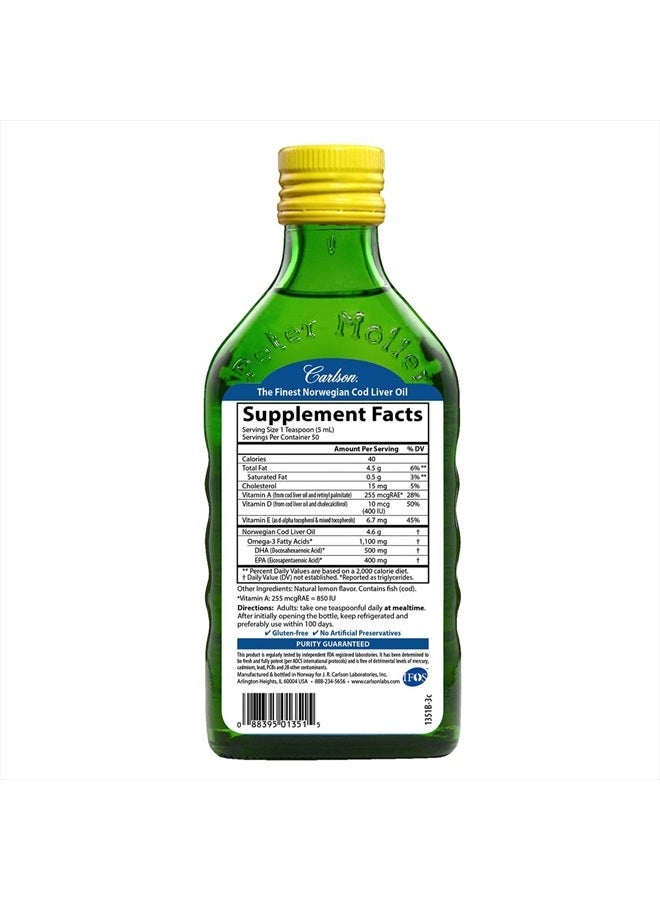 Carlson زيت كبد السمك، 1100 ملغ أوميغا-3، مكمل زيت السمك السائل، من سمك القد النرويجي البري، مصدر مستدام من الشمال، بنكهة الليمون، 250 مل - Image 2