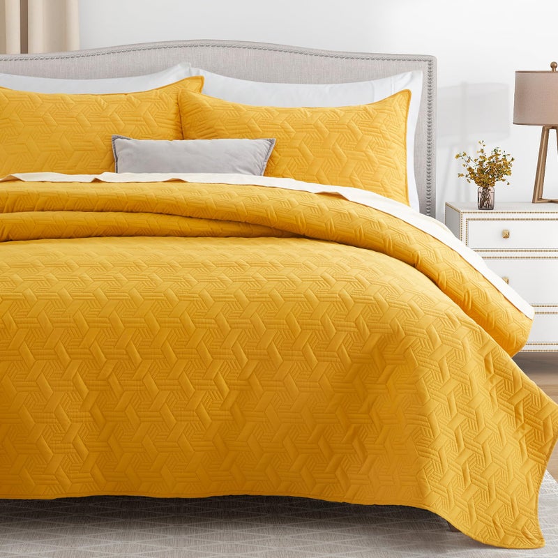 Lavsiry King Size Mustard Quilt Bedding Set  Summer Lightweight Yellow Basket Pattern Bedspread & Coverlet  Soft Microfiber Thin Comforter Set for All Seasons - 3 Piece(1 Quilt  2 Pillow Shams) - Image 2