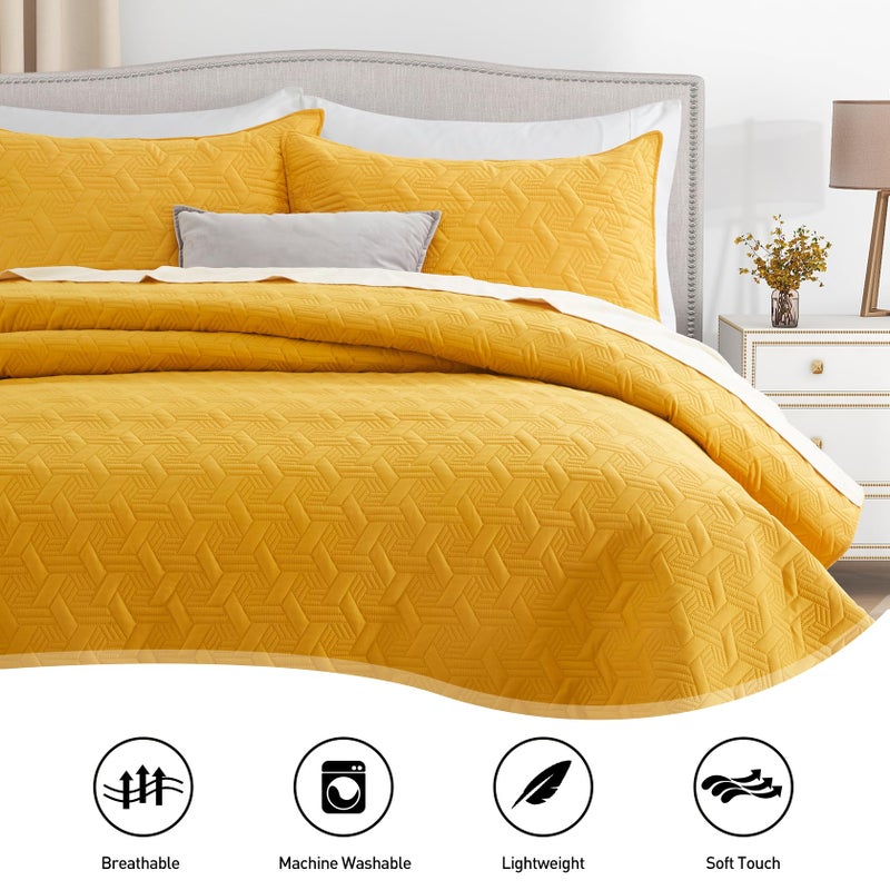 Lavsiry King Size Mustard Quilt Bedding Set  Summer Lightweight Yellow Basket Pattern Bedspread & Coverlet  Soft Microfiber Thin Comforter Set for All Seasons - 3 Piece(1 Quilt  2 Pillow Shams) - Image 3