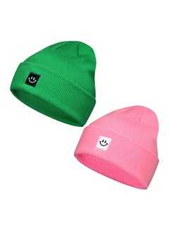 Smile Face Winter Beanie Hats for Men and Women Stretchy Warm Thick Soft Cap Slouchy Knit Hats (Green+Pink)