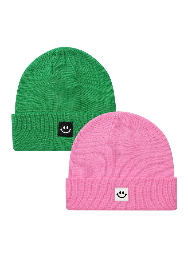 Excefore - Smile Face Winter Beanie Hats for Men and Women Stretchy Warm Thick Soft Cap Slouchy Knit Hats (Green+Pink) - Image 1