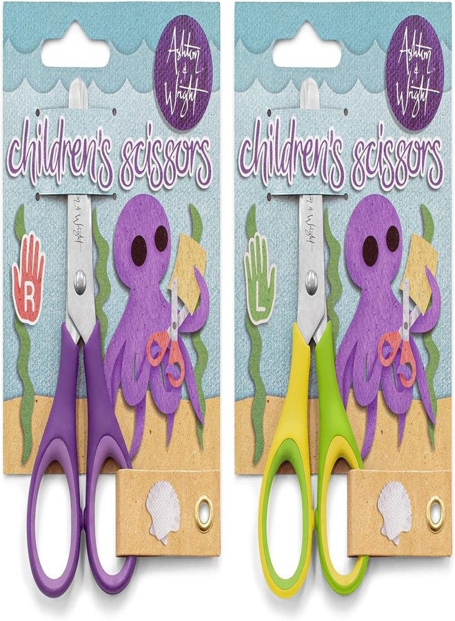 Ashton and Wright - Children's - Kids Scissors Soft Grip - 5"/12cm (Pack of 2, Purple, Yellow, Green) - Image 1
