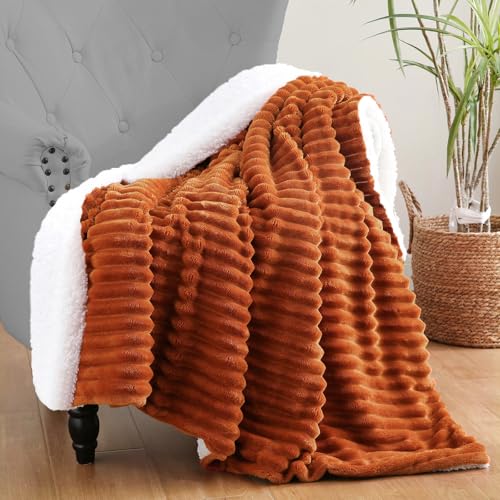 Linecooo Burnt Orange Sherpa Fleece Throw Blanket 5060 for Couch Sofa BedDouble Side Soft Fuzzy Cozy Plush Thick Flannel Blanket with Striped Design Gift for Mother Woman - Image 1