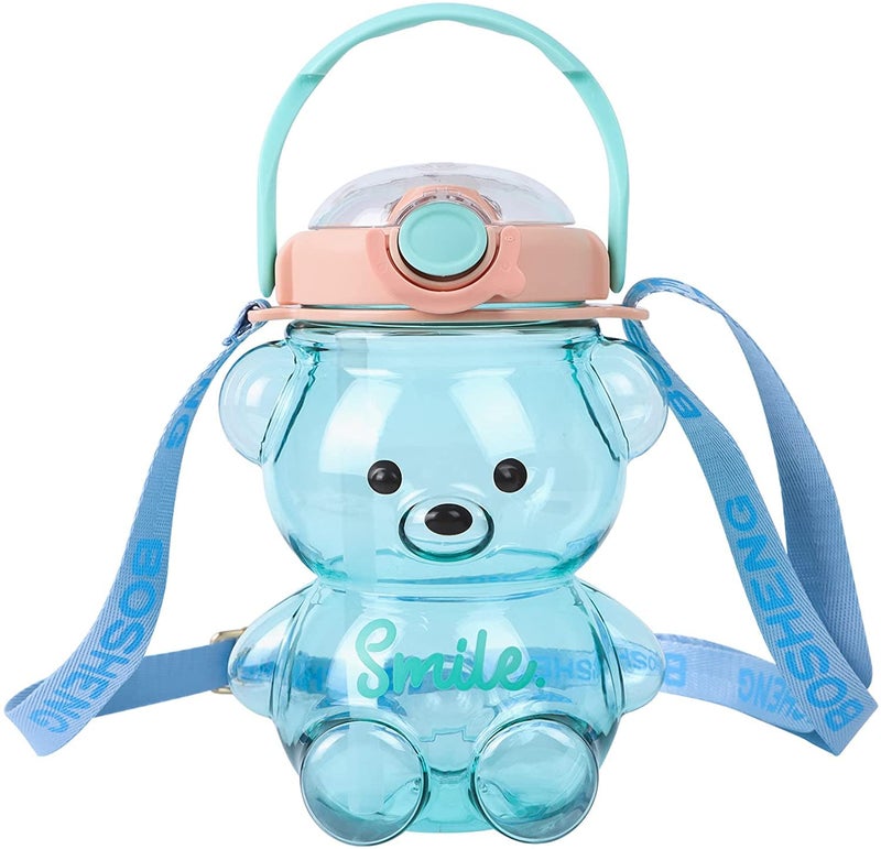 Drofail 1 Liter Honey Bear Water Bottle With Straw Cute Water Bottles BPA Free Material Portable Mouth With Straw Sticker Strap Blue - Image 1