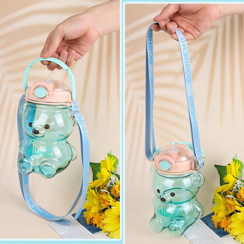 Drofail 1 Liter Honey Bear Water Bottle With Straw Cute Water Bottles BPA Free Material Portable Mouth With Straw Sticker Strap Blue - Image 3