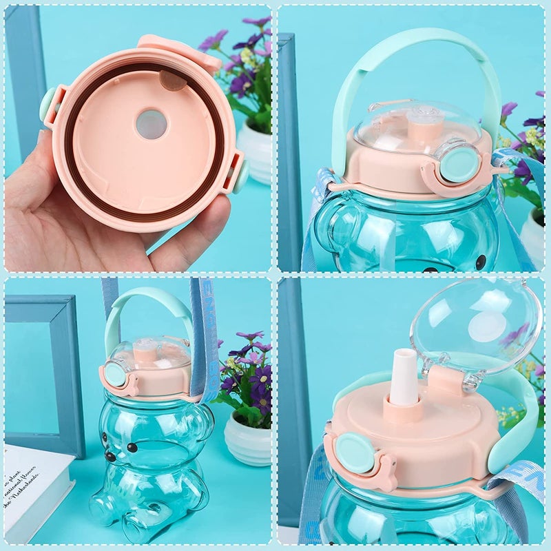 Drofail 1 Liter Honey Bear Water Bottle With Straw Cute Water Bottles BPA Free Material Portable Mouth With Straw Sticker Strap Blue - Image 5