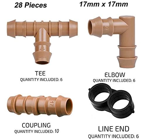 Arfun 28P Drip Irrigation Fittings Kit (17mm) for 1/2" Tubing (.600" ID), 10 Couplings, 6 Tees, 6 Elbows and 6 Tubing End Closure - Barded Connectors for Drip or Sprinkler Systems(28 Pieces Set) - Image 3