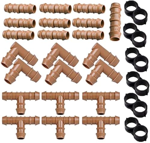 Arfun 28P Drip Irrigation Fittings Kit (17mm) for 1/2" Tubing (.600" ID), 10 Couplings, 6 Tees, 6 Elbows and 6 Tubing End Closure - Barded Connectors for Drip or Sprinkler Systems(28 Pieces Set) - Image 1