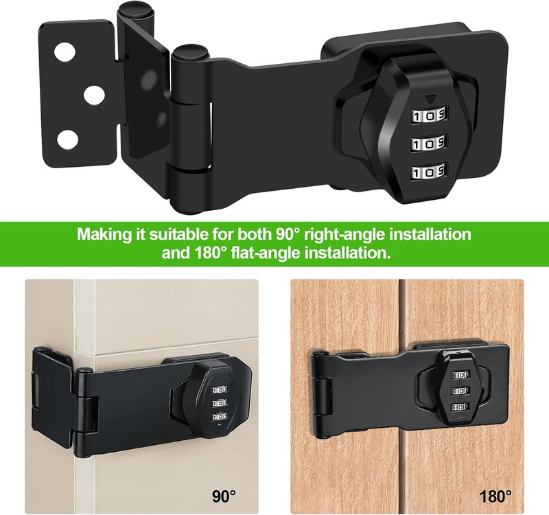 KIBBEH 1 Pack Password Rotary Hasp Locks, Collapsible Solid 304 Stainless Steel File Cabinet Lock Desk Drawer Lock, for 90 Degree and 180 Degree Drawers, Dabinets, Doors, Flip Barn Door, Outdoor (Black) - Image 2