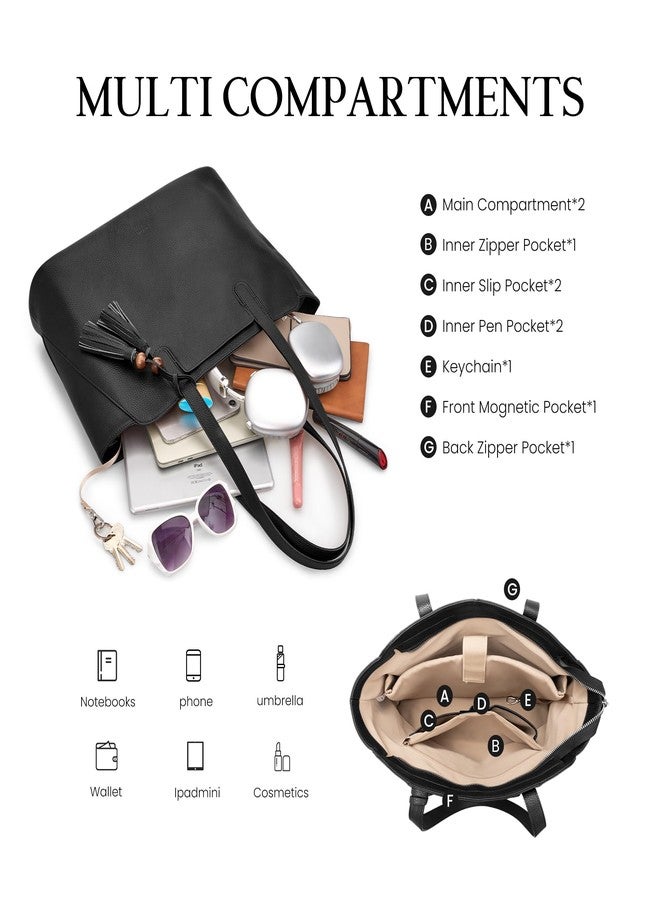 befen Genuine Leather Tote Bag for Women Work, Womens Tote Bag, Casual Leather Large Purses Black Leather Shoulder Bag with Compartments for Shopping Office Travel Daily Use - Image 3
