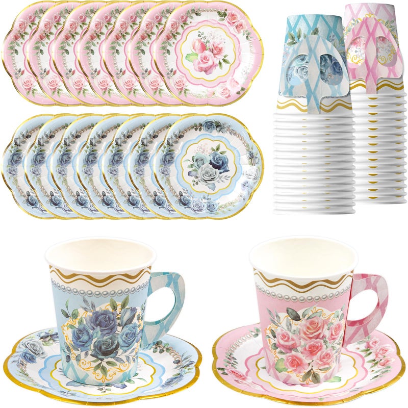 WorldBazaar Tea Party Cups and Saucers 24 Sets Floral Paper Cups Disposable 9oz Tea Party Decorations Flower Birthday Party Supplies Garden Baby Shower bulk