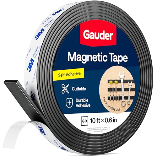 GAUDER Magnetic Tape with 3M Adhesive - Strong Self-Adhesive Magnet Strip - Strong Magnetic Tape Roll with Cuttable Length & 3M Sticky Back (10 ft x 0.6 in) - Image 1