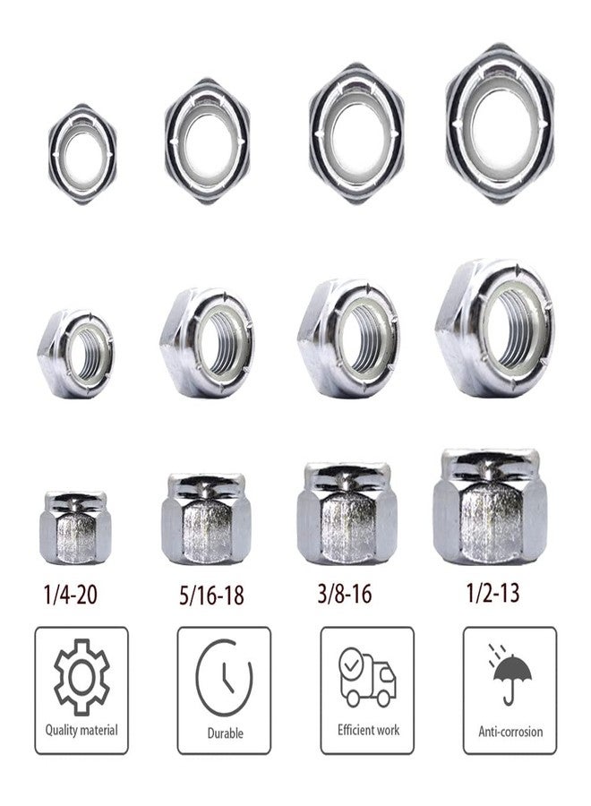 COMRUN 150 Pcs Nylon Insert Lock Nuts Hex Lock Nuts Assortment Carbon Steel Zinc Galvanized(1/4-20 5/16-18 3/8-16 1/2-13#10-24) - Image 2