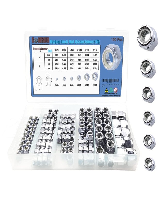 COMRUN 150 Pcs Nylon Insert Lock Nuts Hex Lock Nuts Assortment Carbon Steel Zinc Galvanized(1/4-20 5/16-18 3/8-16 1/2-13#10-24) - Image 1