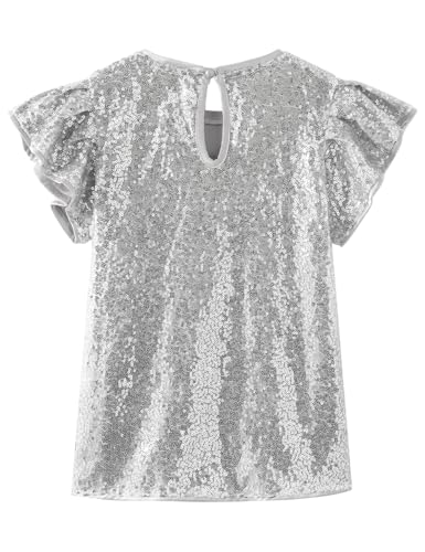Noomelfish Girls Short Sleeve Sequin Shirts Party Glitter Sparkly Tops Blouse, Silver White, Size 11-12 Years - Image 2
