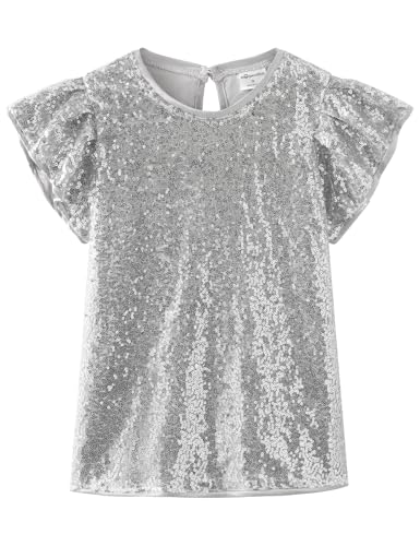 Noomelfish Girls Short Sleeve Sequin Shirts Party Glitter Sparkly Tops Blouse, Silver White, Size 11-12 Years - Image 1