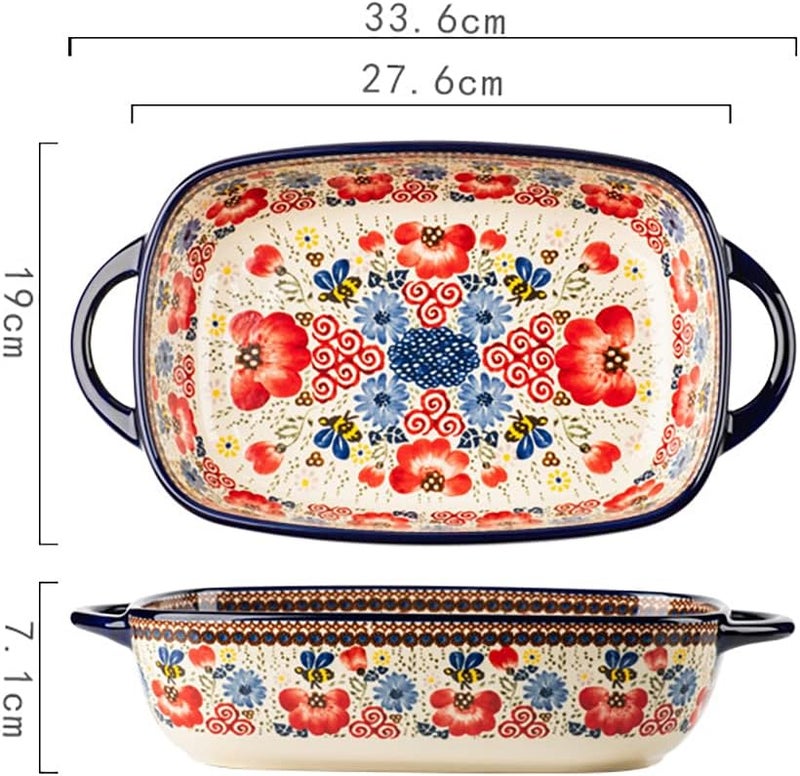 Bicuzat Vintage Flowers Style Ceramic Bakeware Casserole Dish Baking Pan Lasagna Pans Baking Dish with Handle for Oven/Cooking/Kitchen - 1 Pc Red Flowers - 192 g (6.77 oz) - Image 2