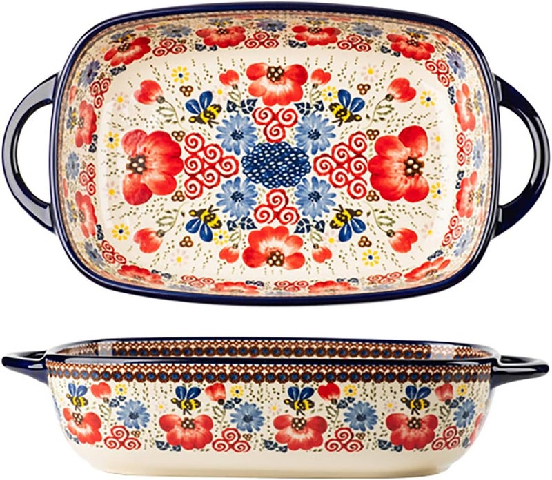 Bicuzat Vintage Flowers Style Ceramic Bakeware Casserole Dish Baking Pan Lasagna Pans Baking Dish with Handle for Oven/Cooking/Kitchen - 1 Pc Red Flowers - 192 g (6.77 oz) - Image 1