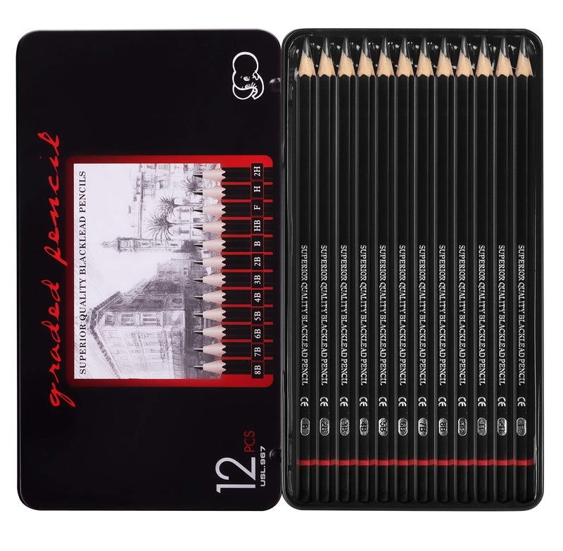 ABOUT SPACE Artist Pencil for Sketching Drawing Art Pack of 12 with Metal Case B 2B 3B 4B 5B 6B 7B 8B HB H 2H F - Image 1