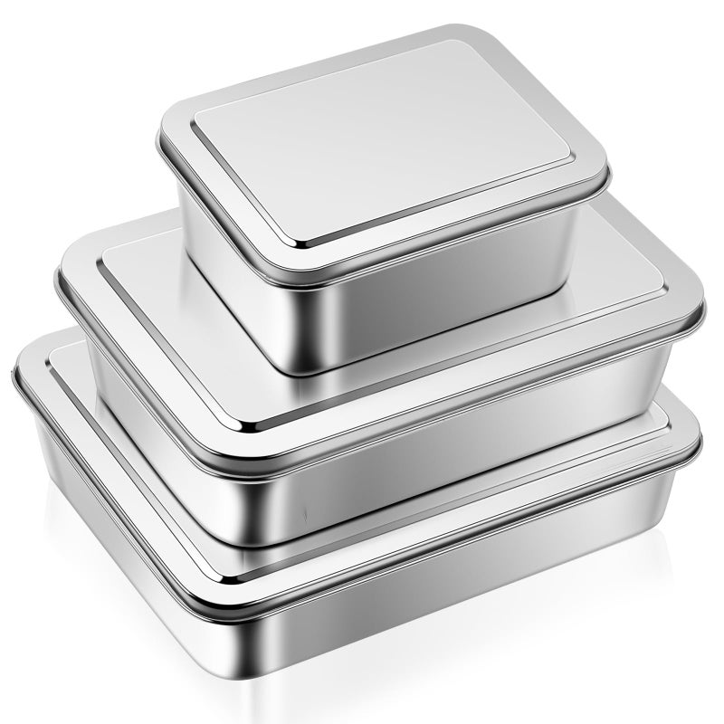 Tioncy 3 Sets Stainless Steel Cake Pan with Lid 1195 Inch Rectangle Sheet Baking Pan with Covers Bakeware with Lids for Cakes Breads Casseroles Fish Vegetables and More - Image 2