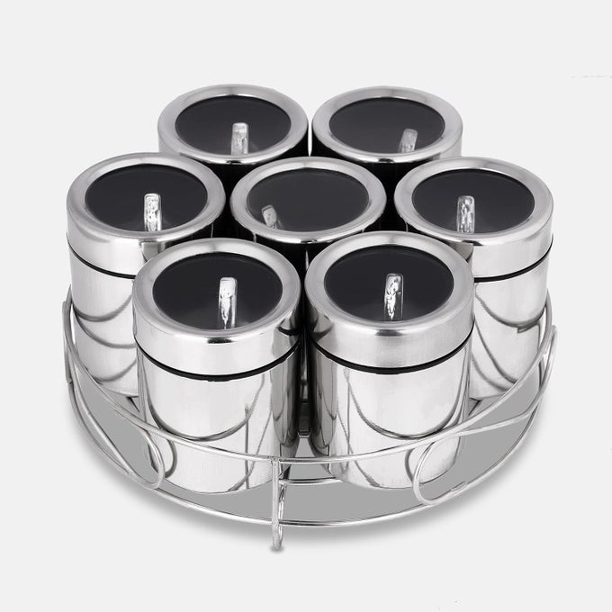 SPICE BOX STAINLESS STEEL MASALA BOX FOR KITCHEN MASALA DABBA STEEL SPICE ORGANIZER SPICE CONTAINER STEEL CONTAINERS 175ML EACH 7 CONTAINER 7 SPOONS 1 STAND SILVER