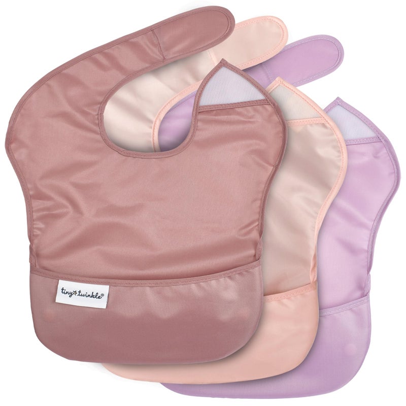 Tiny Twinkle MessProof Baby Bibs for Eating Waterproof Wipeable Toddler Bibs with CatchAll Pocket Feeding Bibs for Girls Boys3 PackTaupe Rose - Image 2