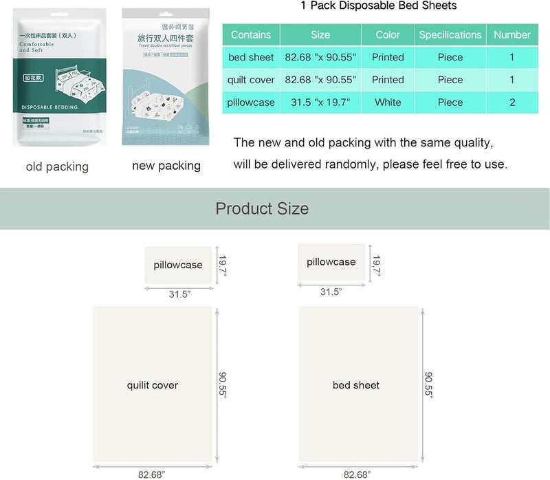 KASTWAVE 4 PCS Disposable Bed Sheets Travel Sheets for Hotel, Disposable Sheets for Bed Travel Bedding Cover Portable Sheet with 1 Quilt Cover, 1 Sheet and 2 Pillowcase for Travel Business Trip Spa Hotel - Image 5