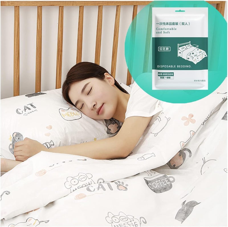 KASTWAVE 4 PCS Disposable Bed Sheets Travel Sheets for Hotel, Disposable Sheets for Bed Travel Bedding Cover Portable Sheet with 1 Quilt Cover, 1 Sheet and 2 Pillowcase for Travel Business Trip Spa Hotel - Image 1
