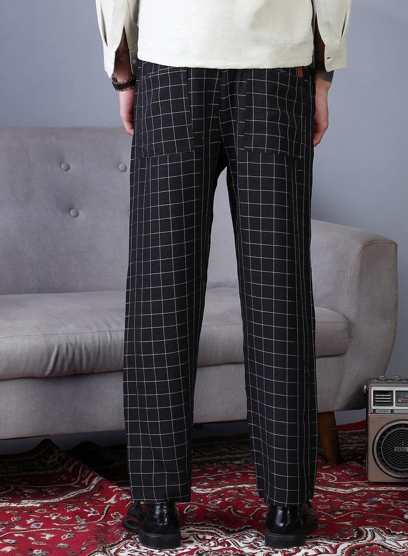 Campus Sutra Campus Sutra Men's Midnight Black Graph-Check Staright Trousers For Casual Wear | Mid-Rise | Straight Fit | Drawstring Closure | Trousers Crafted With Comfort Fit For Everyday Wear  - Image 5