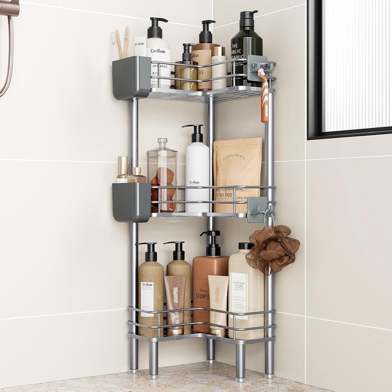Orimade Set of 3 Standing Shower Shelves, Corner Shower Shelf, Freestanding, Shower Shelf, No Drilling Required for Bathroom, Silver - Image 1