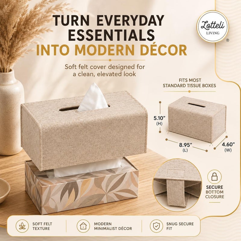 LOTTELI KITCHEN Felt Tissue Box Cover, Rectangle, Modern Design, Compatible with Kleenex Puffs Kirkland Boxes 9.25 x 4.72 x 4.53” - Single - Image 2