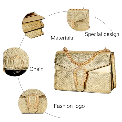 DEEPMEOW Leather Shoulder Bag Chain Purse for Women - Fashion Crossbody Bags Vintage Snake Print Underarm Bag Square Satchel Clutch Handbag（GOLD） - Image 4