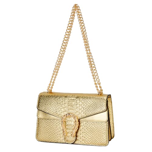 DEEPMEOW Leather Shoulder Bag Chain Purse for Women - Fashion Crossbody Bags Vintage Snake Print Underarm Bag Square Satchel Clutch Handbag（GOLD） - Image 1