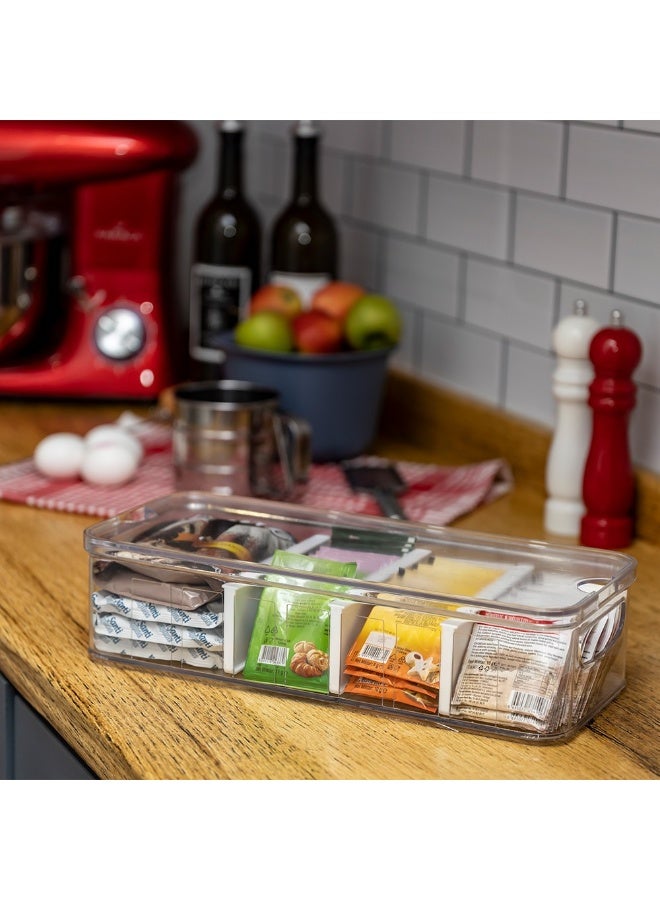 صندوق تنظيم بلاستيك شفاف قابل للتكديس بقياس 380x165x95 مم، منظم مشروبات مع فواصل قابلة للإزالة لتخزين العلب والزجاجات، مثالي لترتيب المطبخ، البانري، الخزائن، والأدراج، صناديق تخزين كبيرة وعمليّة لترتيب المشروبات، العصائر، المياه، المشروبات الغازية، مستلزمات المطبخ، منظم أدوات المطبخ، تصميم متين وشفاف لحماية المحتويات وتنظيم كل شيء بطريقة مرتبة وسهلة الوصول - Image 2