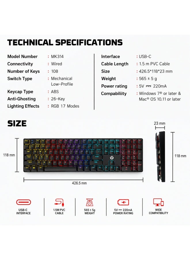 FANTECH ATOM AIR108 MK314 Gaming Mechanical Keyboard - Low Profile Red Switches - RGB 17 Modes - Extra Keycaps - Image 5