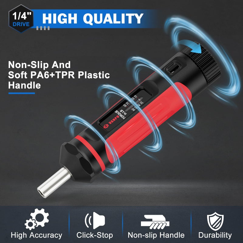 VANPO Torque Screwdriver, 10-90In-lb Torque Screw Driver Wrench Driver Set, 1/4â€ Drive Inch Pounds Torque Wrench Screwdriver with 60 S2 Bits for Maintenance, Tools, DIY, Bike Repairing and Mounting - Image 4