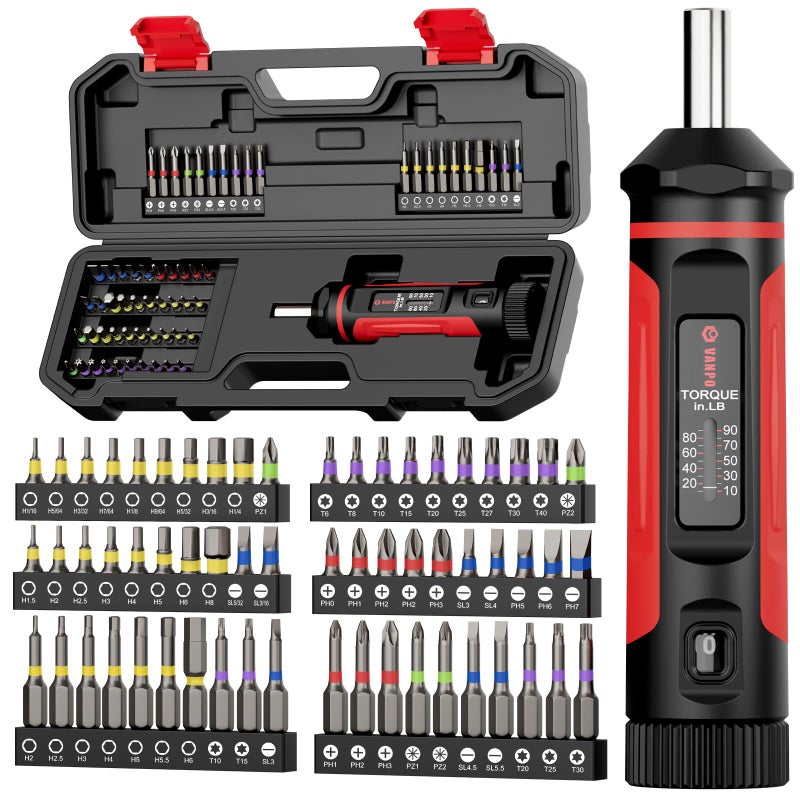 VANPO Torque Screwdriver, 10-90In-lb Torque Screw Driver Wrench Driver Set, 1/4â€ Drive Inch Pounds Torque Wrench Screwdriver with 60 S2 Bits for Maintenance, Tools, DIY, Bike Repairing and Mounting - Image 1