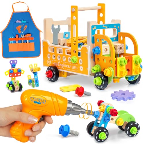 Myfolrena Kids Tool Set with DrillApron 85pc Toddler Play Tool Drill and Screw Toys Pretend Play Wooden Construction Kits for Kids Ages 38Christmas Birthday Gift for Boys Girls - Image 1