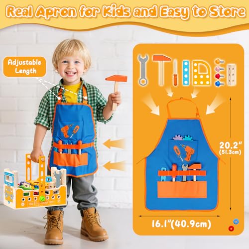 Myfolrena Kids Tool Set with DrillApron 85pc Toddler Play Tool Drill and Screw Toys Pretend Play Wooden Construction Kits for Kids Ages 38Christmas Birthday Gift for Boys Girls - Image 5