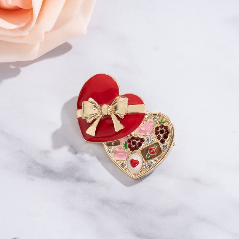 MADISON TYLER Valentines Day Heart Gift Box Brooch | Chocolate Gift Box Pave Rhinestone Heart | Gold Bow Brooch Jewelry for Her | Couples Gifts for Backpacks Valentine's Day - Image 5