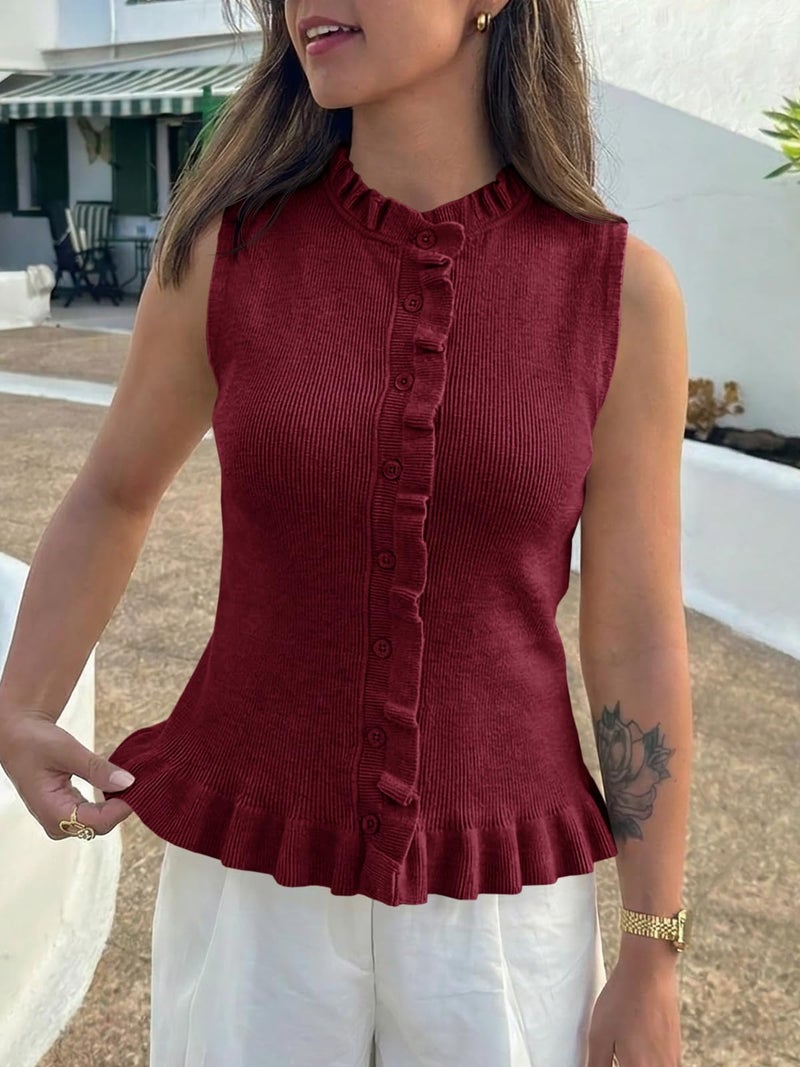 Saodimallsu Womens Sleeveless Sweater Vest Ruffle Button Down Knit Tank Top Summer Trendy Going Out Vest Tops Wine Red - Image 3