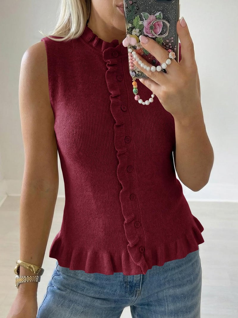 Saodimallsu Womens Sleeveless Sweater Vest Ruffle Button Down Knit Tank Top Summer Trendy Going Out Vest Tops Wine Red - Image 2