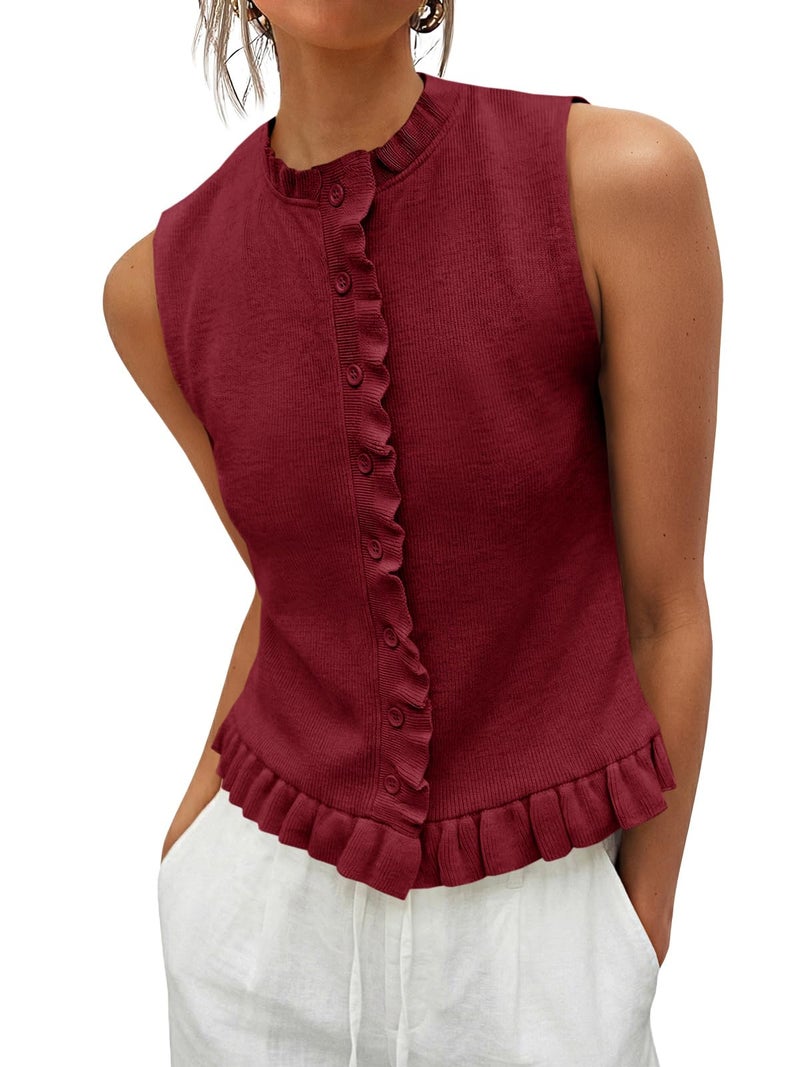 Saodimallsu Womens Sleeveless Sweater Vest Ruffle Button Down Knit Tank Top Summer Trendy Going Out Vest Tops Wine Red - Image 1
